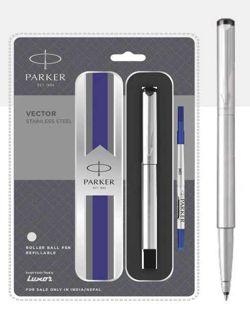 Parker Vector roller ball pen refillable pen in its original retail blister packaging, shown alongside a loose view of the silver and blue pen on a light gray background.