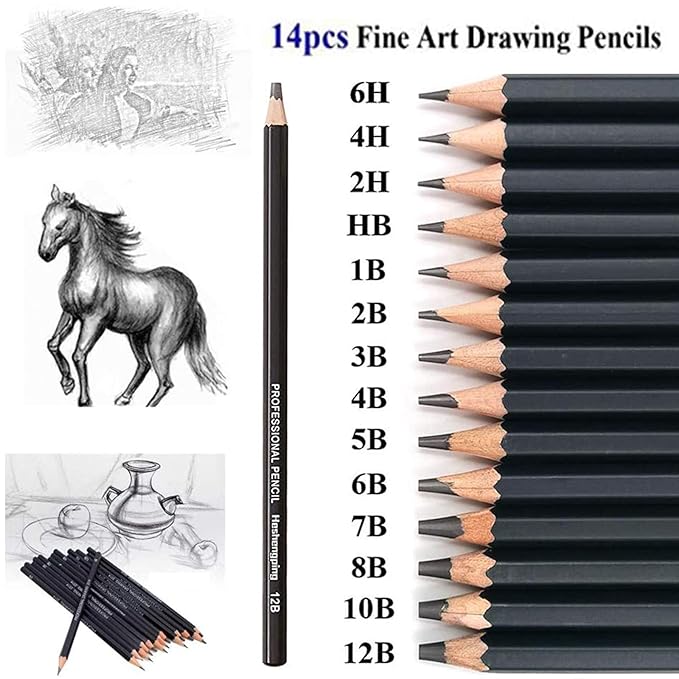  A set of sketching pencils with varying grades from hard (H) to soft (B), neatly arranged. These pencils are essential for artists, offering a range of shades and textures for sketching, shading, and detailed drawing work.