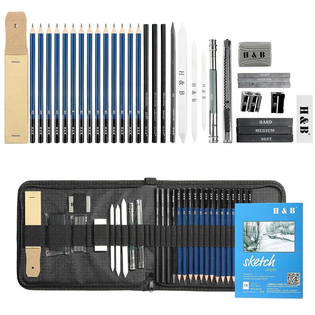 H & B Sketching Pencils Set, 48-Piece Drawing Pencils and Sketch Kit,  Complete Artist Kit