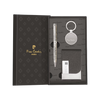 Pierres Cardin Paris gift set in an open black presentation box, featuring a silver patterned pen, a silver keychain with a round tag, and a black textured card holder with a silver metal clip.