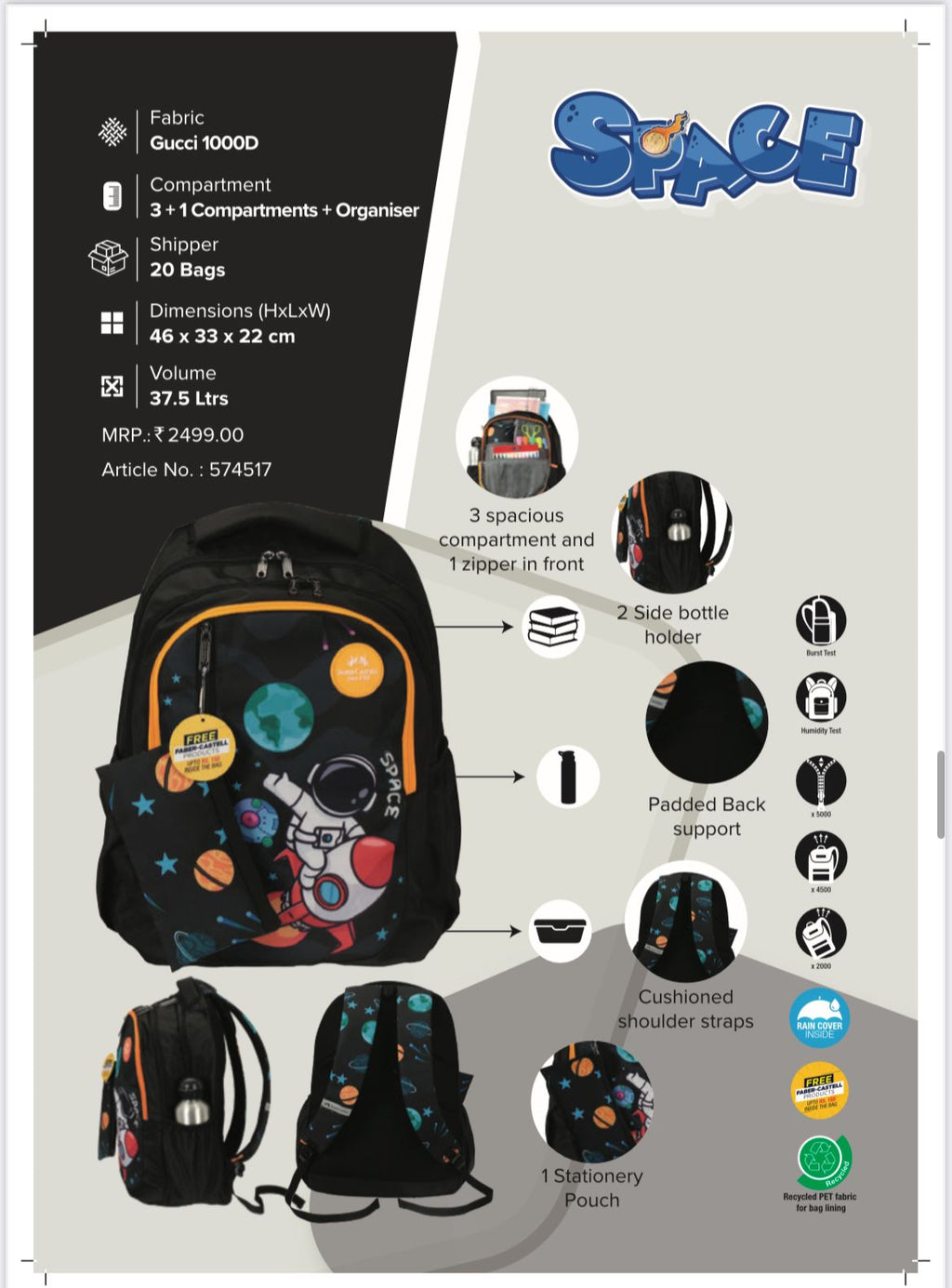 FABER-CASTELL Space (6 years+) Waterproof School Bag (Blue,Purple 18 inch)